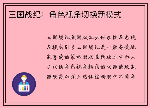 三国战纪：角色视角切换新模式